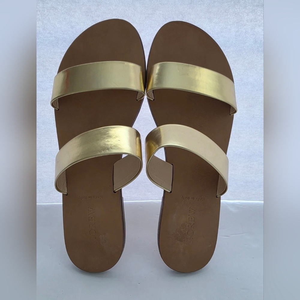 J.Crew Boardwalk Slide Sandals In Gold Metallic Two  Straps Made In Italy Sz 10